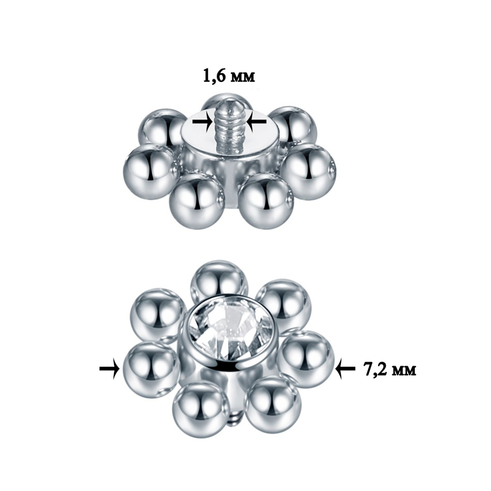Накрутка для микродермала Цветок с прозрачным кристаллом 7 мм , толщина резьбы 1,6 мм для пирсинга. Титан G23