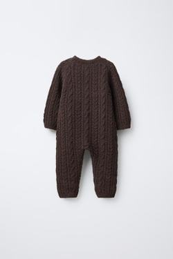 ZARA ВЯЗАНЫЙ КОМБИНЕЗОН С УЗОРОМ «КОСЫ», ТЕМНО-КОРИЧНЕВЫЙ