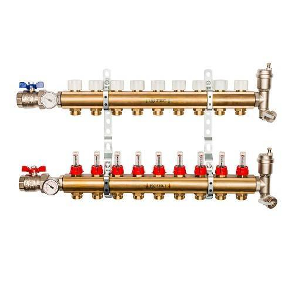 Коллекторная группа для теплого пола STOUT SMB0473 - 1" на 9 контуров 3/4"EK (латунь)