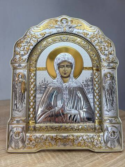 Матрона, икона арочная с рамкой, белое дерево 206х270