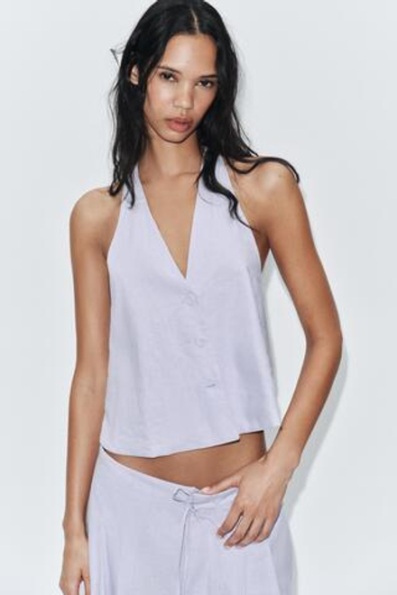 ZARA ЖИЛЕТ С ПУГОВИЦАМИ ИЗ ЛЬНА, СИРЕНЕВЫЙ