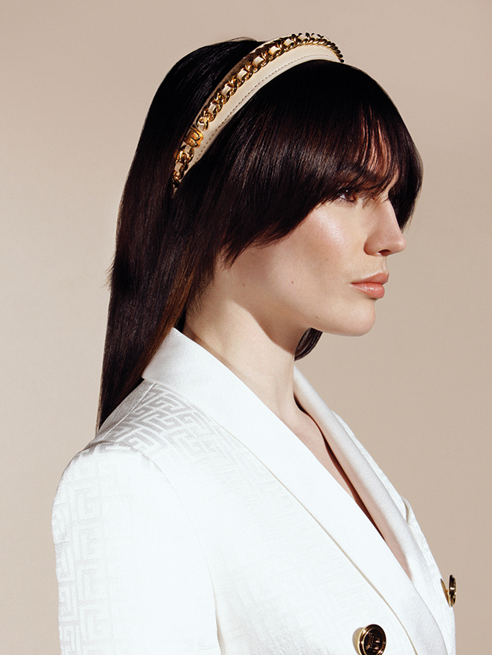 Balmain Hair Кожаный ободок беж Limited Edition Head band Chain c цепочкой