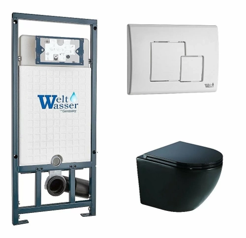 Унитаз подвесной WeltWasser MARBERG 507+MERZBACH 041 XL MT-BL+MAR 507 SE GL-WT черный матовый, безободковый, с крышкой микролифт, слив-торнадо, с инсталляцией и белой глянцевой кнопкой