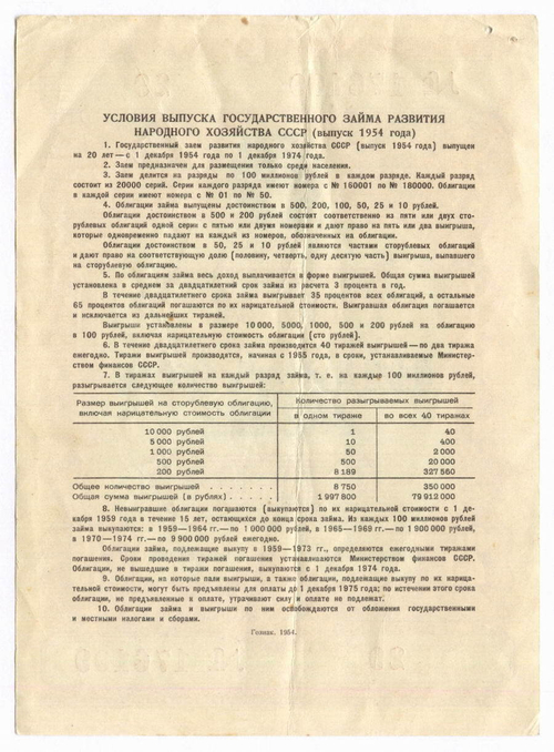 Облигация 25 рублей 1954 год. Серия № 176109. VG-F (2 прокола)