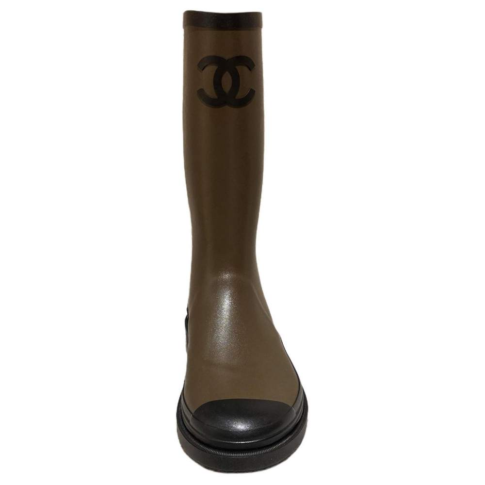 CHANEL Calfskin Rain Boots Women"s Army Green