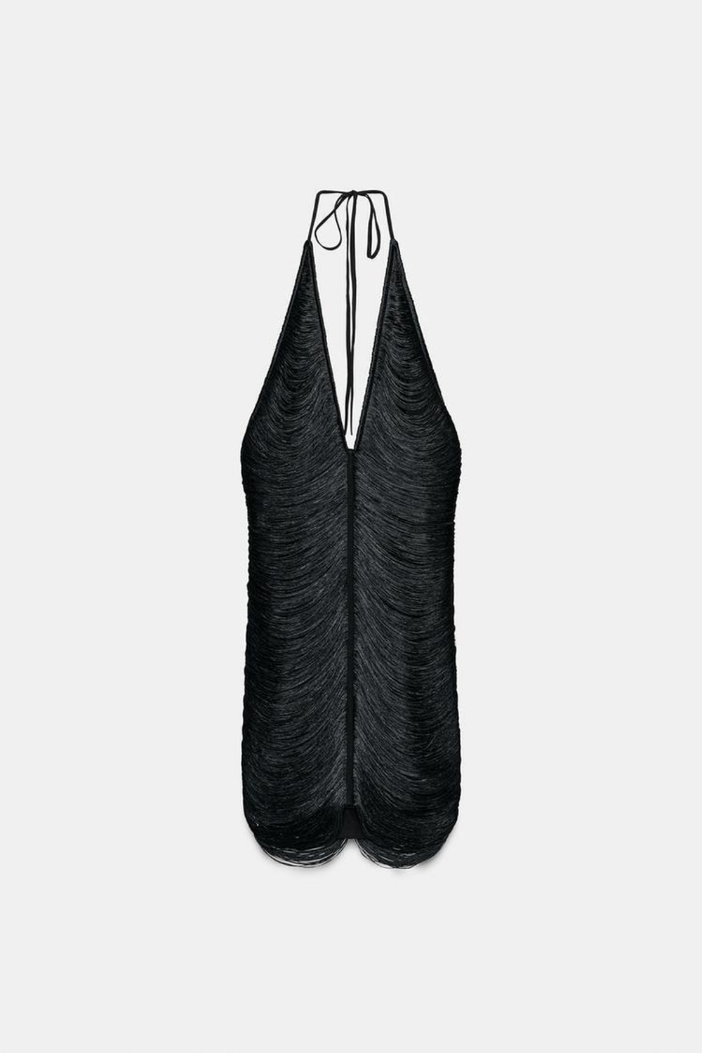 ZARA КОРОТКОЕ ПЛАТЬЕ ХАЛТЕР С БАХРОМОЙ, ЧЕРНЫЙ