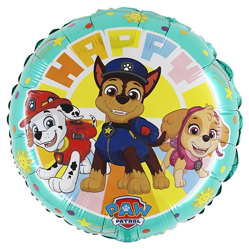 Фольгированная фигура, круг, HAPPY Щенячий Патруль,18"/46СМ