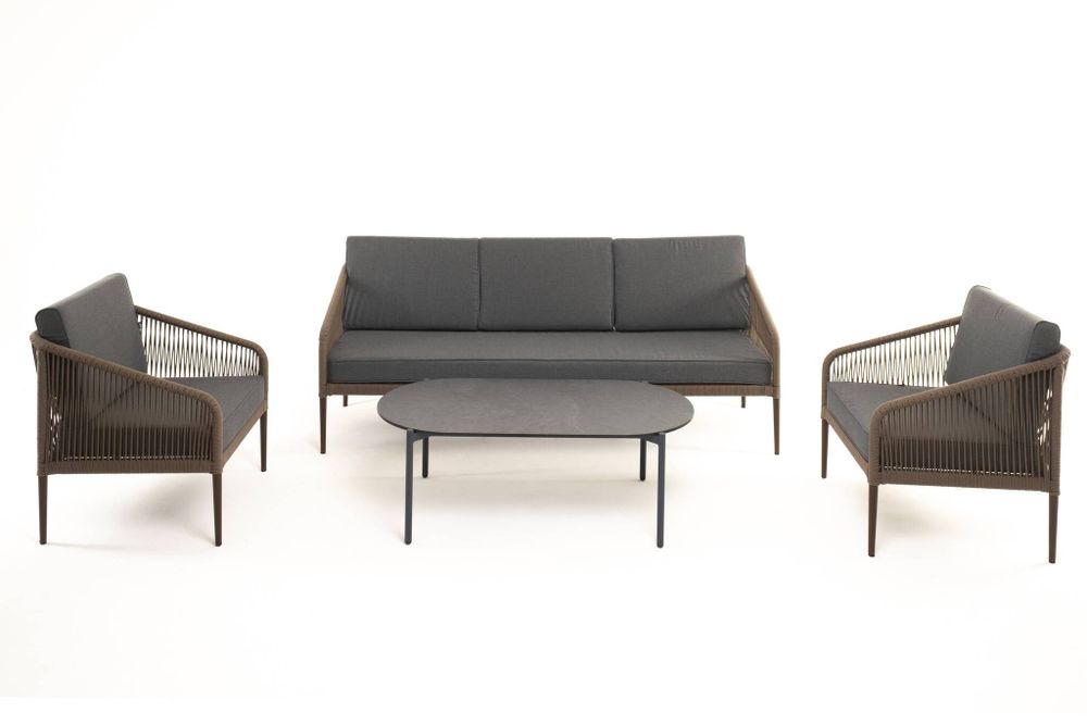 "Канны" лаунж-зона 5-местная из роупа со столом "Верона" (серый гранит), каркас алюминиевый коричневый, роуп коричневый