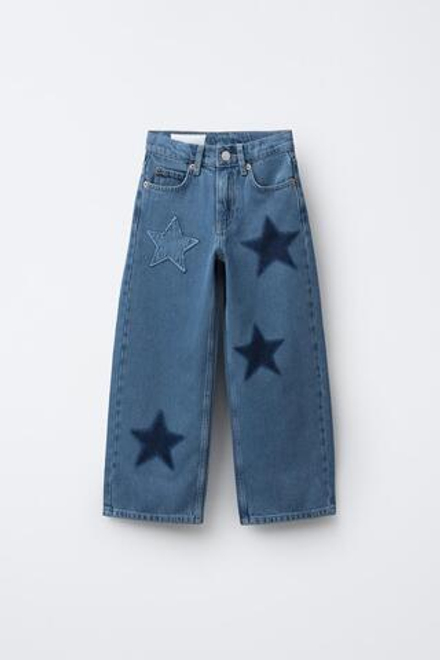 ZARA ДЖИНСЫ WIDE LEG С НАШИВКАМИ «ЗВЕЗДЫ», ЯРКО-СИНИЙ