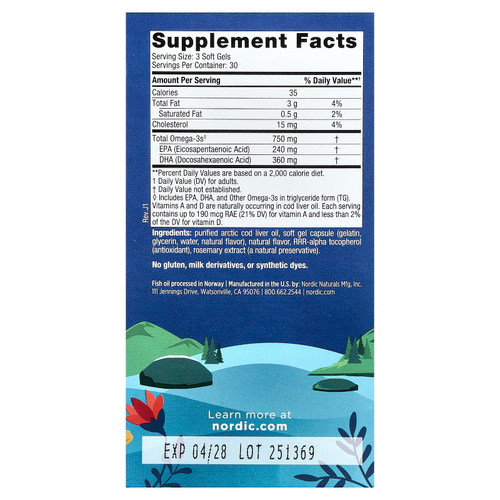 Nordic Naturals, Arctic Cod Liver Oil™, лимон, 90 капсул