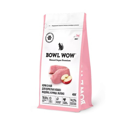 Сухой корм Bowl Wow для кошек с индейкой, курицей и яблоком - 0,4 кг