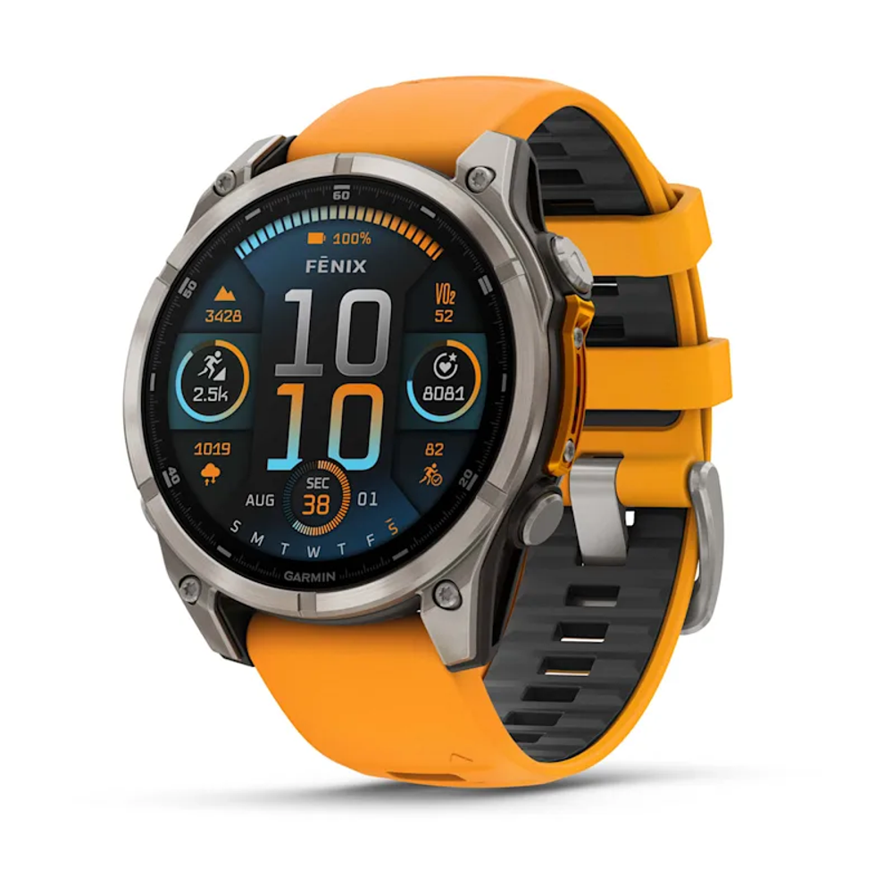 Garmin fenix 8 - 47 мм, AMOLED, Sapphire, Titanium, светло-серый, оранжевый силиконовый ремешок