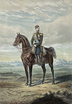 Конный портрет императора Николая II по оригиналу барона Корфа [1895 г.]. Хромолитография.