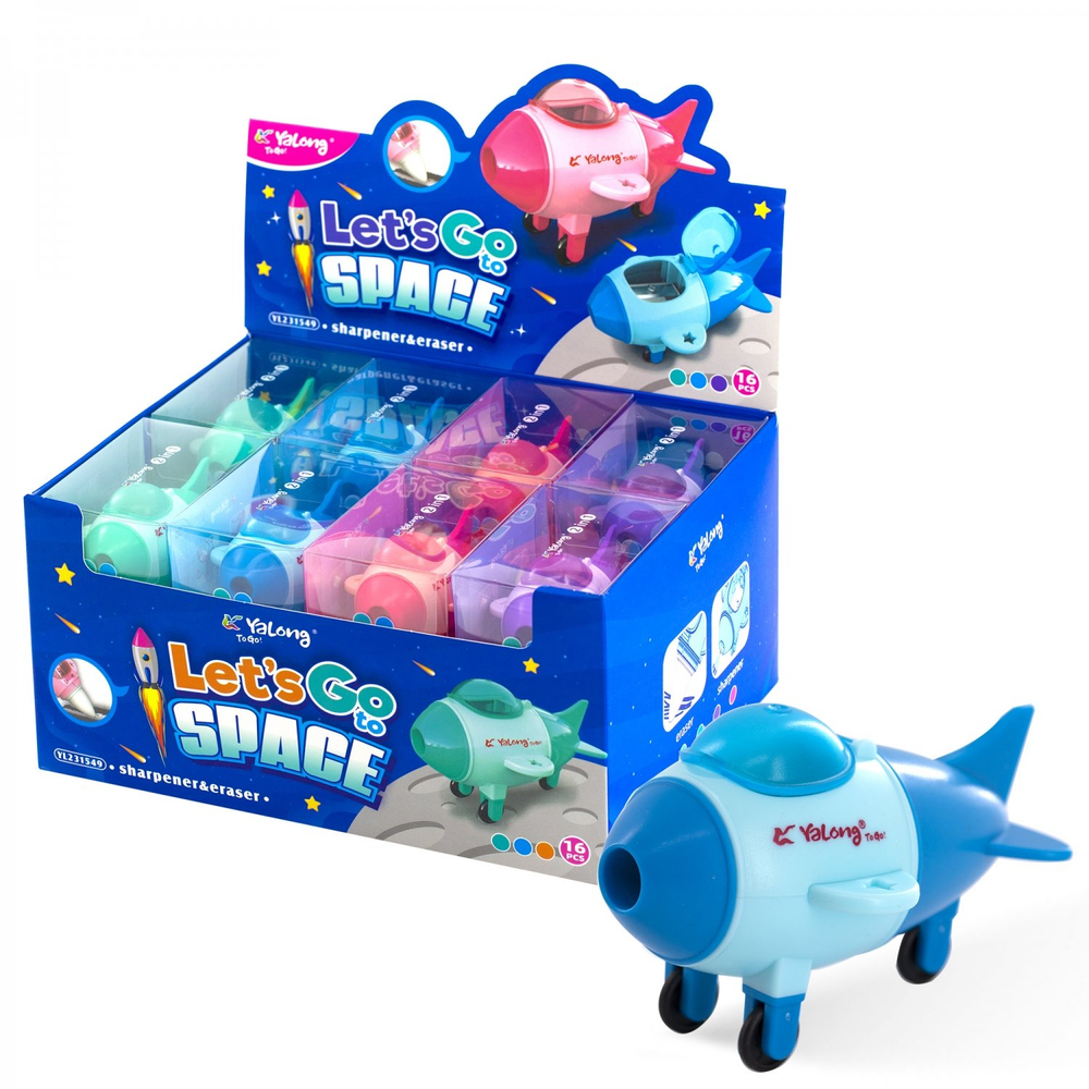 Точилка Yalong, пластиковая с ластиком и контейнером, "Самолеты-космолеты", 1 отверстие, ассорти, инд. упак. пвх, 16 шт в карт упак