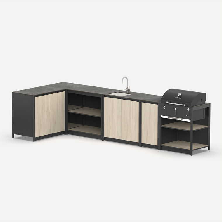 Угловой мангальный комплекс Lounge M-120SB, 3.6x1.5 м, дуб сонома/черный мрамор