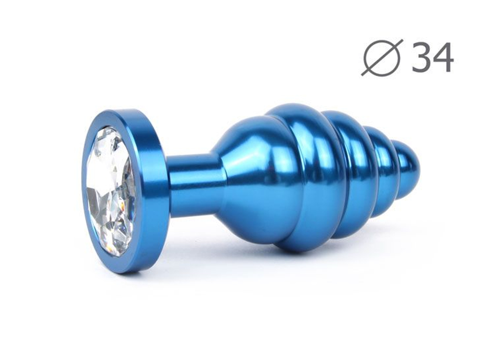 Коническая ребристая синяя анальная втулка с прозрачным кристаллом - 8 см. (Цвет: прозрачный)