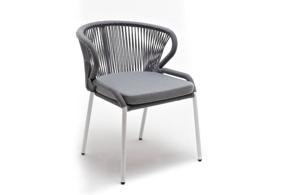 "Милан" стул плетеный из роупа, каркас алюминий белый муар, роуп светло-серый круглый, ткань светло-серая