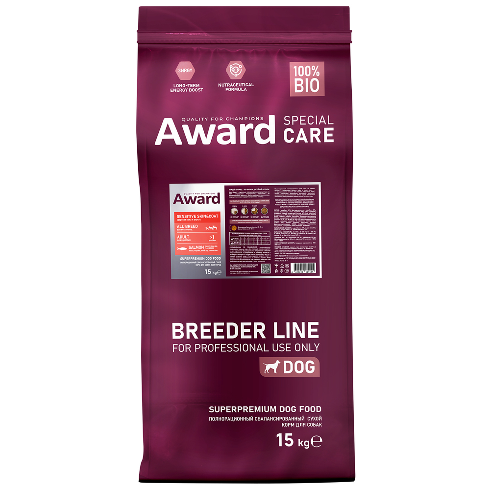 Сухой корм AWARD PFB SPECIAL CARE Sensitive Skin&Coat для взрослых собак всех пород для здоровой кожи и шерсти со свежим лососем 15кг