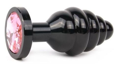 Черная ребристая анальная втулка с розовым кристаллом - 7,1 см. (Цвет: розовый)