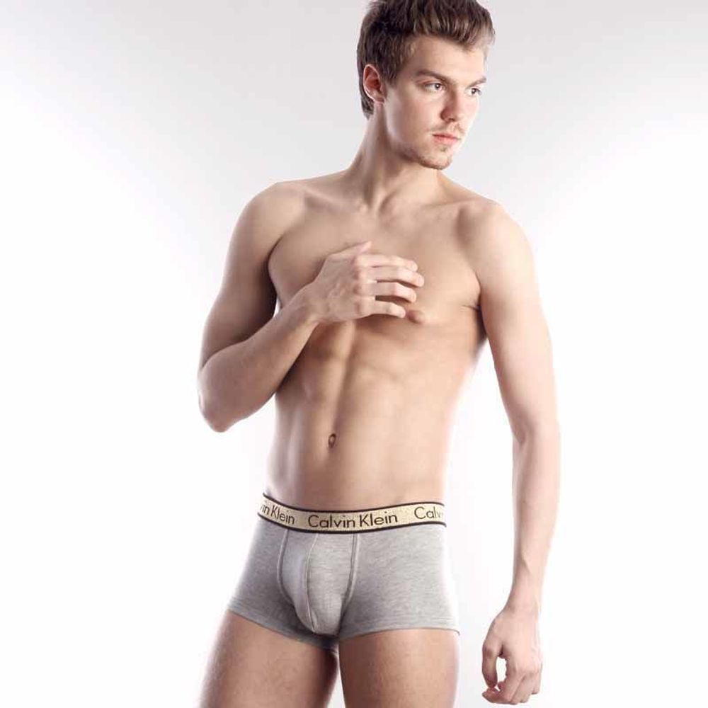 Мужские трусы хипсы серые с золотистой резинкой  (модал) Calvin Klein Trunks One