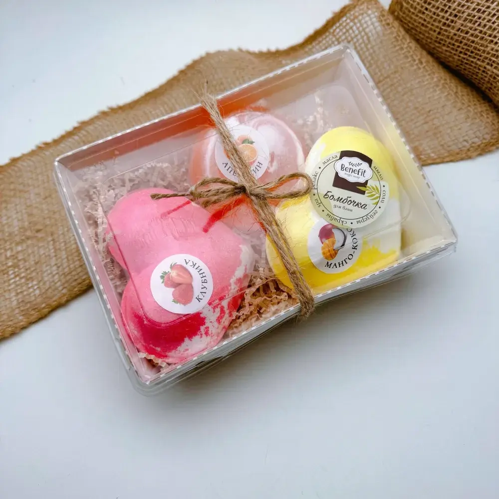 Набор бомбочек "Сердце клубника XL, манго-кокос XL + мыло апельсин