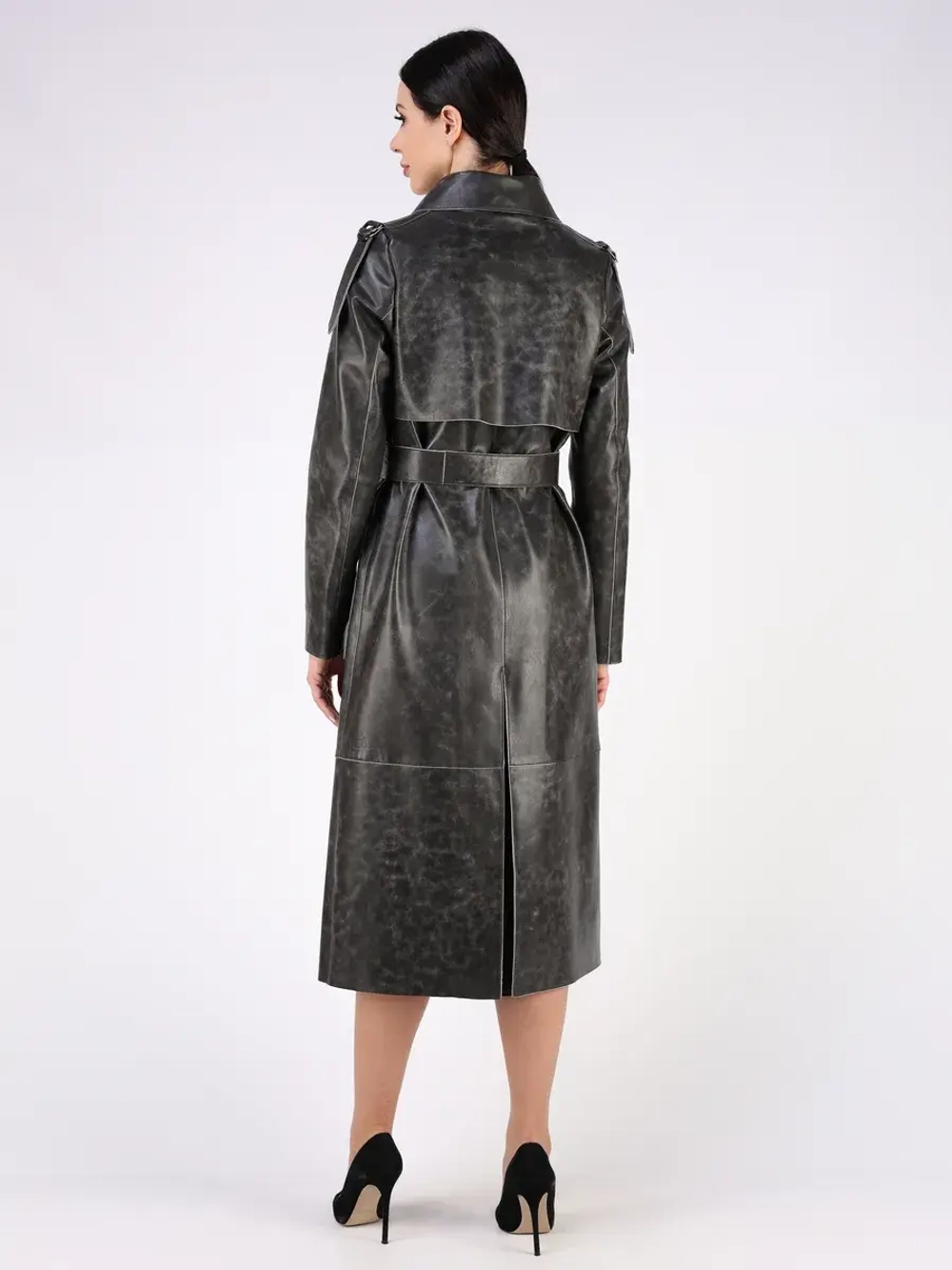 Кожаный тренч длинный с поясом плащ на осень