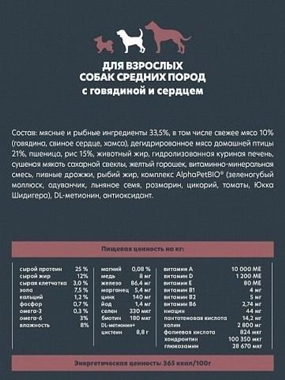 Сухой корм для собак AlphaPet WOW для взрослых животных средних пород , с говядиной и сердцем, 2 кг