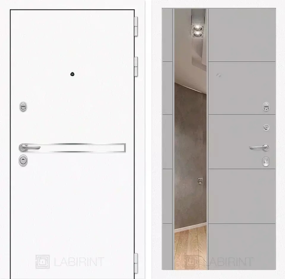 Дверь Входная Лабиринт Лайн WHITE 19 С зеркалом Грей софт горизонтальная