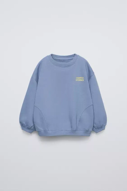 ZARA ОДНОТОННАЯ ТОЛСТОВКА С НАДПИСЬЮ, СТАЛЬНОЙ СИНИЙ