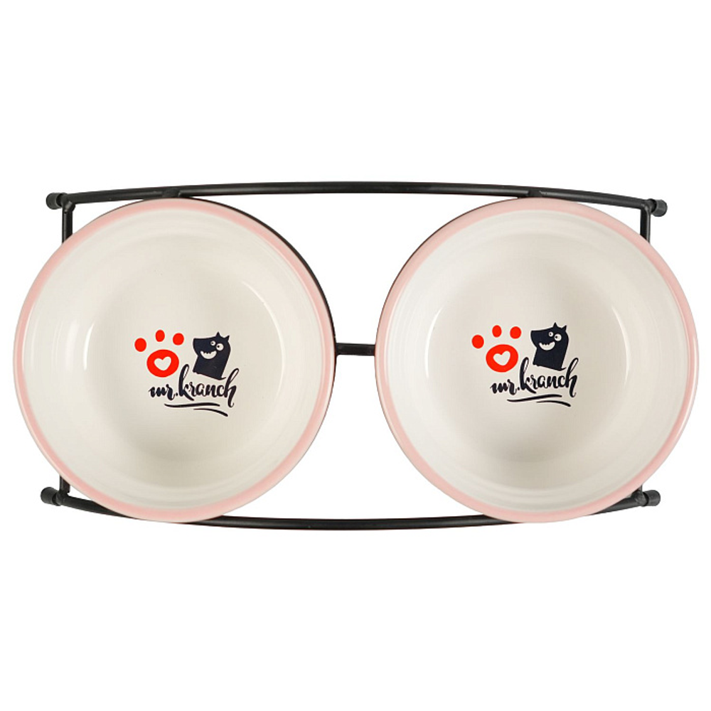 Миски Mr.Kranch на подставке для собак и кошек двойные 2x290 мл с лапкой розовые