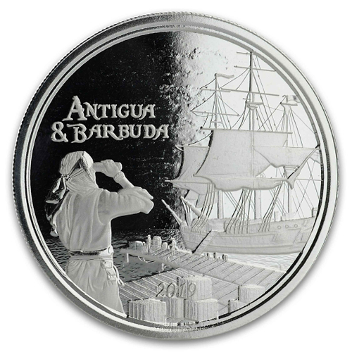 2 доллара 2019 год. Корабль парусник Ромовый контрабандист. Антигуа и Барбуда. BrUNC