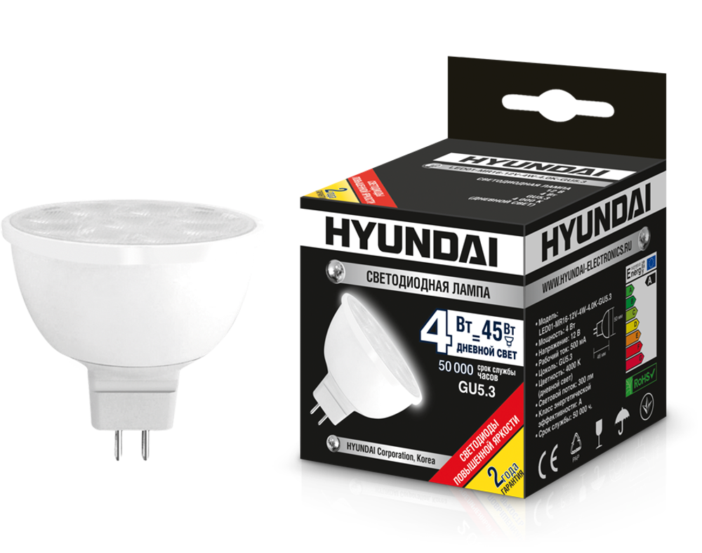Лампа светодиодная Hyundai LED01-MR16-12V-4W-4.0K-GU5.3  50х46мм, (дневной)