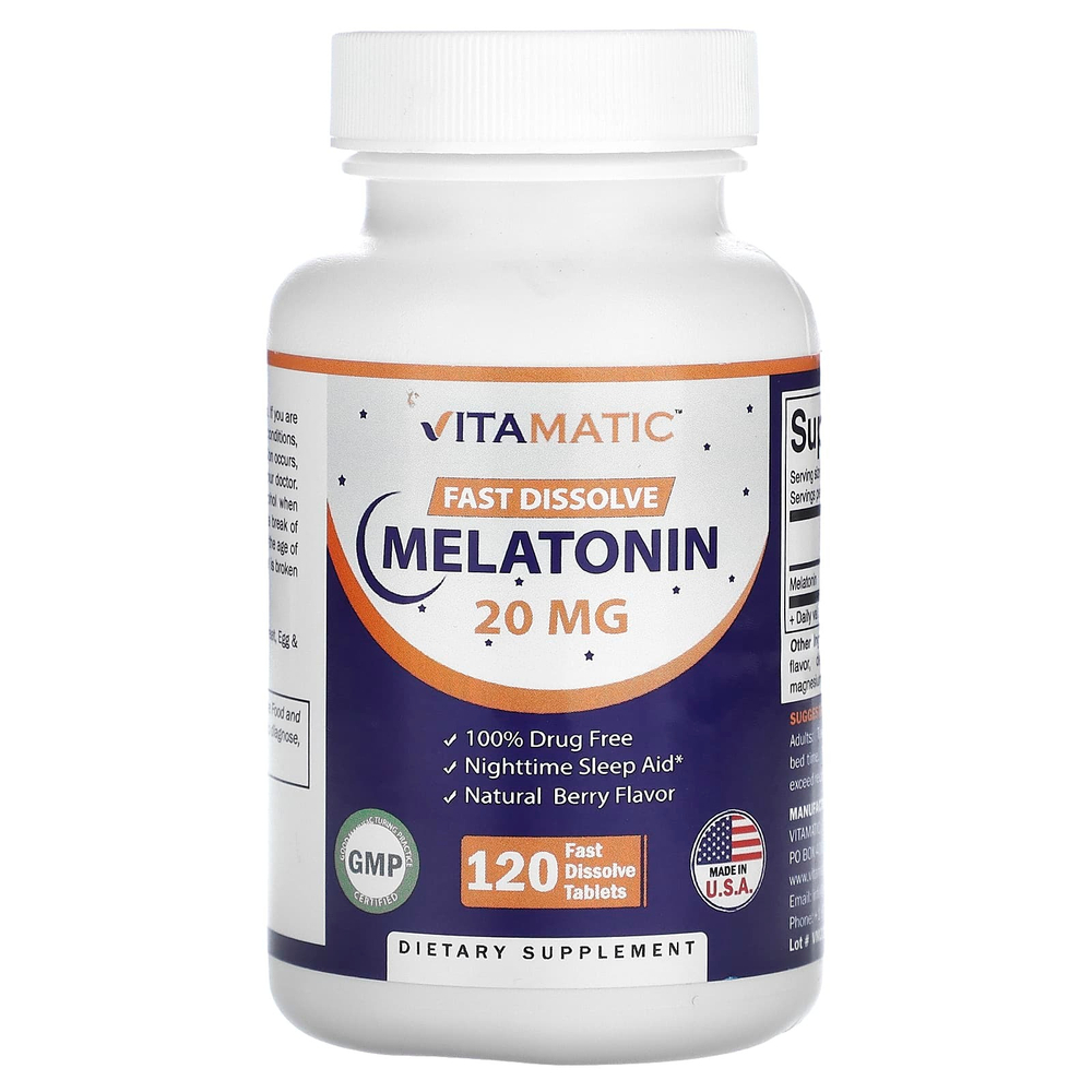 Vitamatic, Мелатонин, натуральные ягоды, 20 мг, 120 быстрорастворимых таблеток