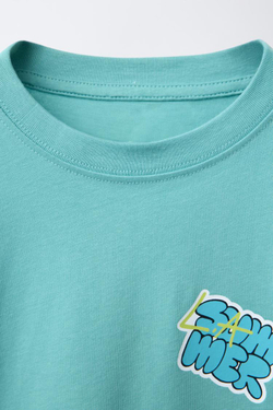 ZARA ФУТБОЛКА С ПРИНТОМ, ЗЕЛЕНОВАТО-СИНИЙ