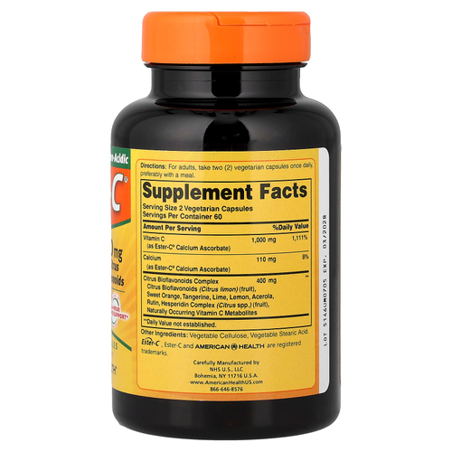 American Health, Ester-C® с цитрусовыми биофлавоноидами, 500 мг, 120 вегетарианских капсул