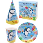 Набор для праздника «Акула» (тарелка 6шт, стаканы 6 шт, колпаки 6 шт)