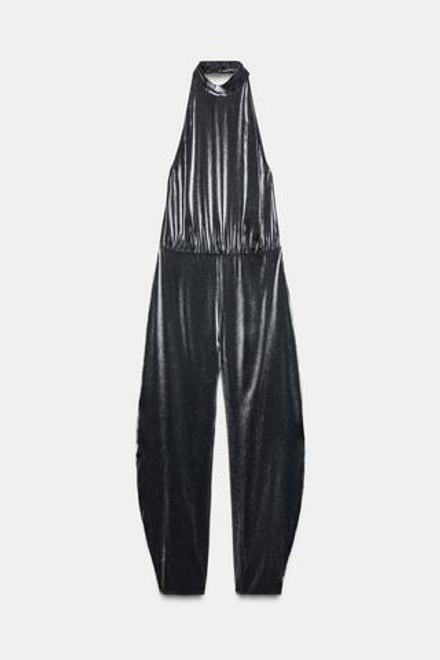 ZARA КОМБИНЕЗОН ХАЛТЕР С ОБЪЕМНЫМИ БРЮКАМИ, ЧЕРНЫЙ