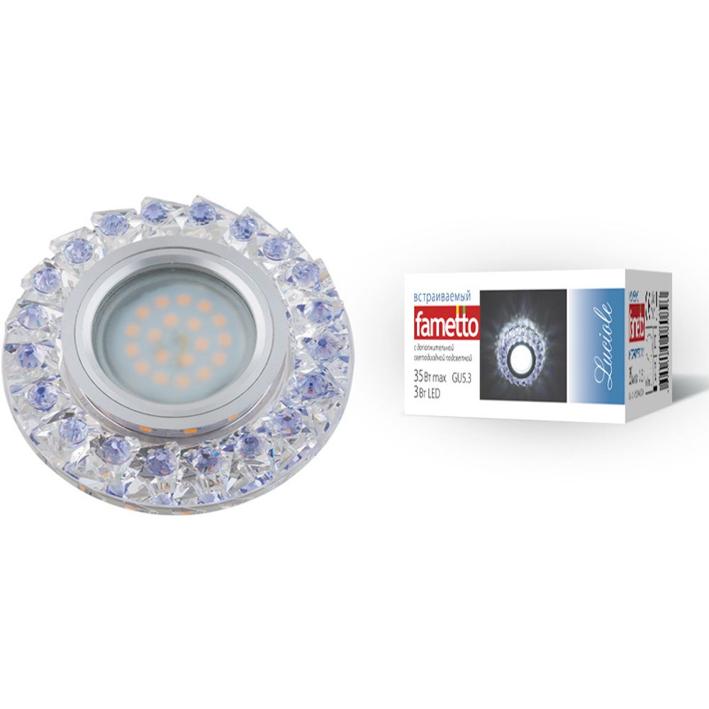 DLS-L120 GU5.3 CHROME/CLEAR+PURPLE Светильник декоративный встраиваемый, серия Luciole. Без лампы, GU5.3. Доп. светодиодная подсветка 3Вт. Металл/крис