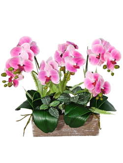 Искусственные Орхидеи бело-лиловые 40см в деревянном кашпо