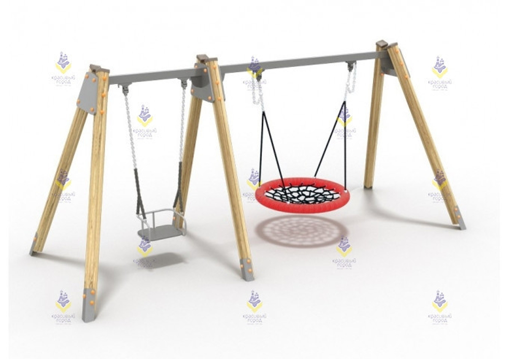 Качели деревянные с местом для 2 подвесов Гнездо + один на выбор