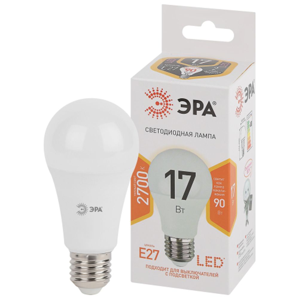 Лампа светодиодная ЭРА STD LED A60-17W-827-E27 17Вт груша теплый белый свет Е27 | Лампы cветодиодные Груша (A)