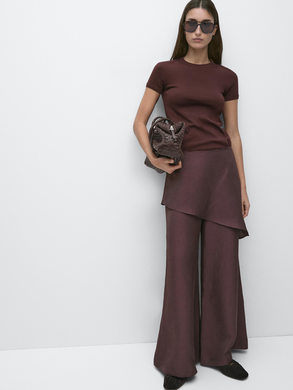 Massimo Dutti Струящиеся брюки-юбка из смесовой льняной ткани, баклажанный