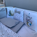 Комплект в кроватку 17 предметов "Зайцы на луне" серый, сатин