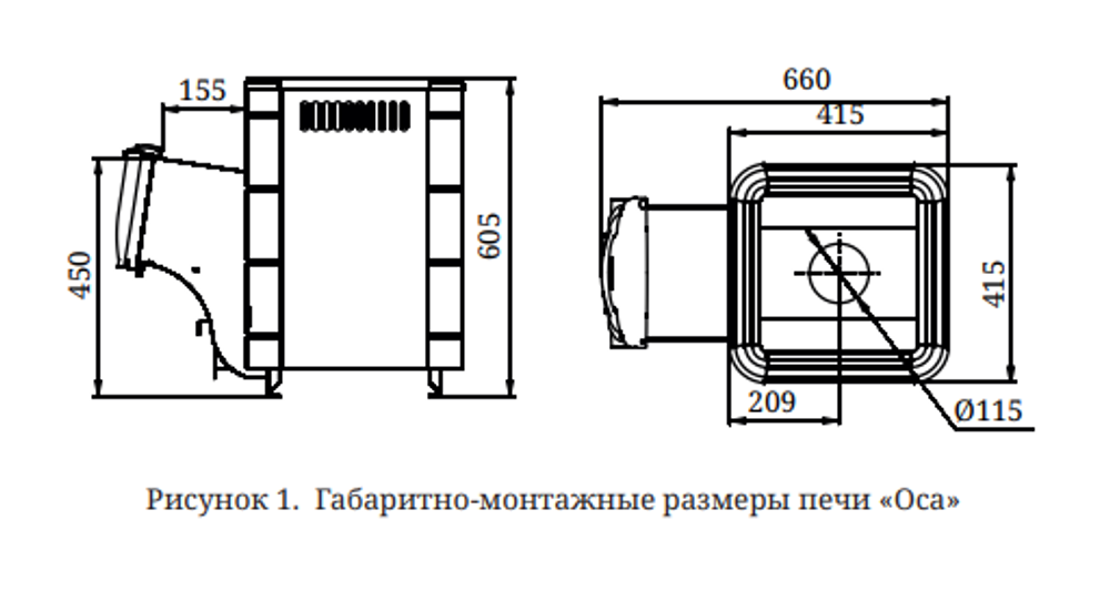 Печь TMF Оса Inox ДА антрацит НВ размеры