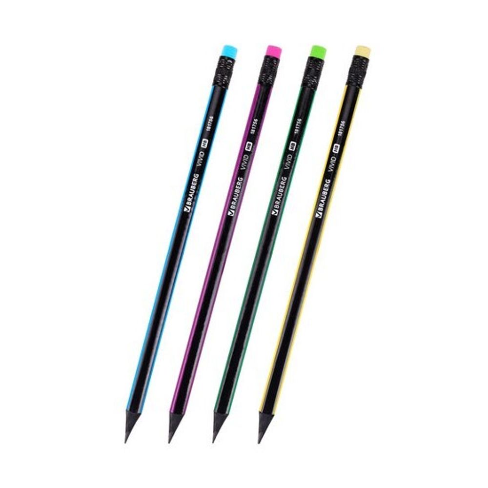 Карандаш чернографитный Brauberg Vivid, HB, с ластиком, трёхгранный корпус, 1шт.