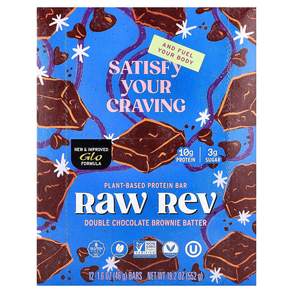 Raw Rev, Протеиновый батончик на растительной основе, двойное шоколадное тесто для брауни, 12 батончиков, 46 г (1,6 унции)