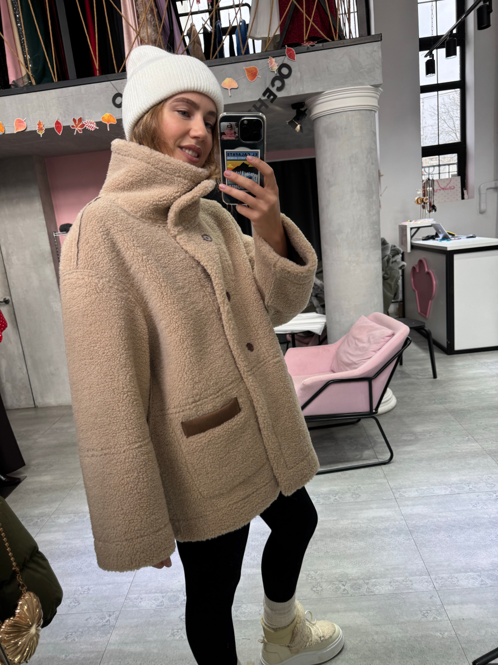 Двойная дубленка шоколадно-бежевая