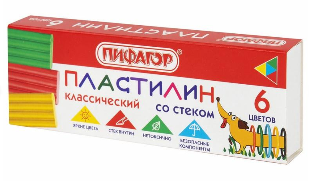 Пластилин классический 6 цветов 90г,со стеком "Веселая такса" (ПИФАГОР)