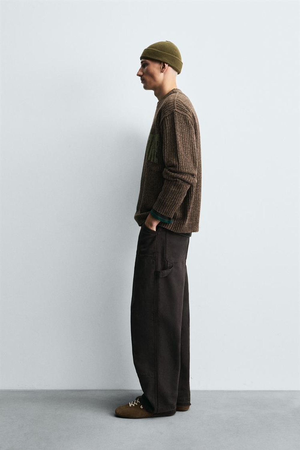 ZARA СВИТЕР В РУБЧИК С НАДПИСЬЮ, КОРИЧНЕВЫЙ