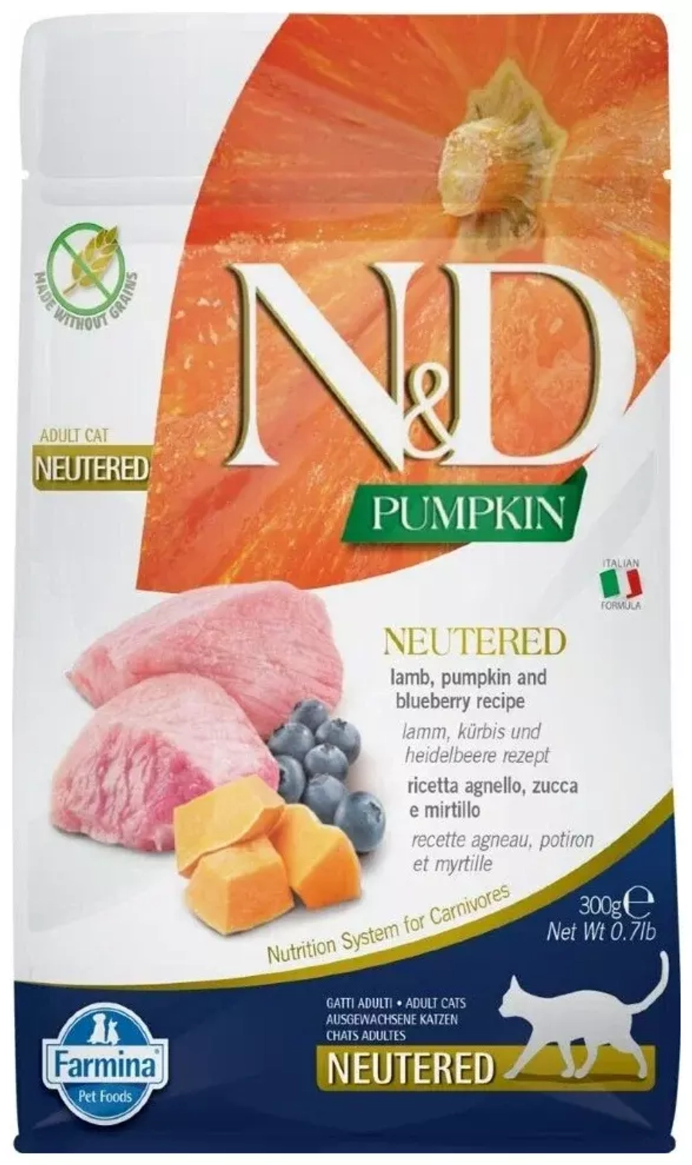 Farmina N&D Cat Pumpkin Сухой беззерновой корм для стерилизованных кошек ягненок, черника и тыква, 300 гр